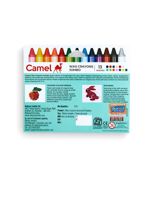 Camlin Jumbo Wax Crayons 12 + 1 Shades by StatMo.in